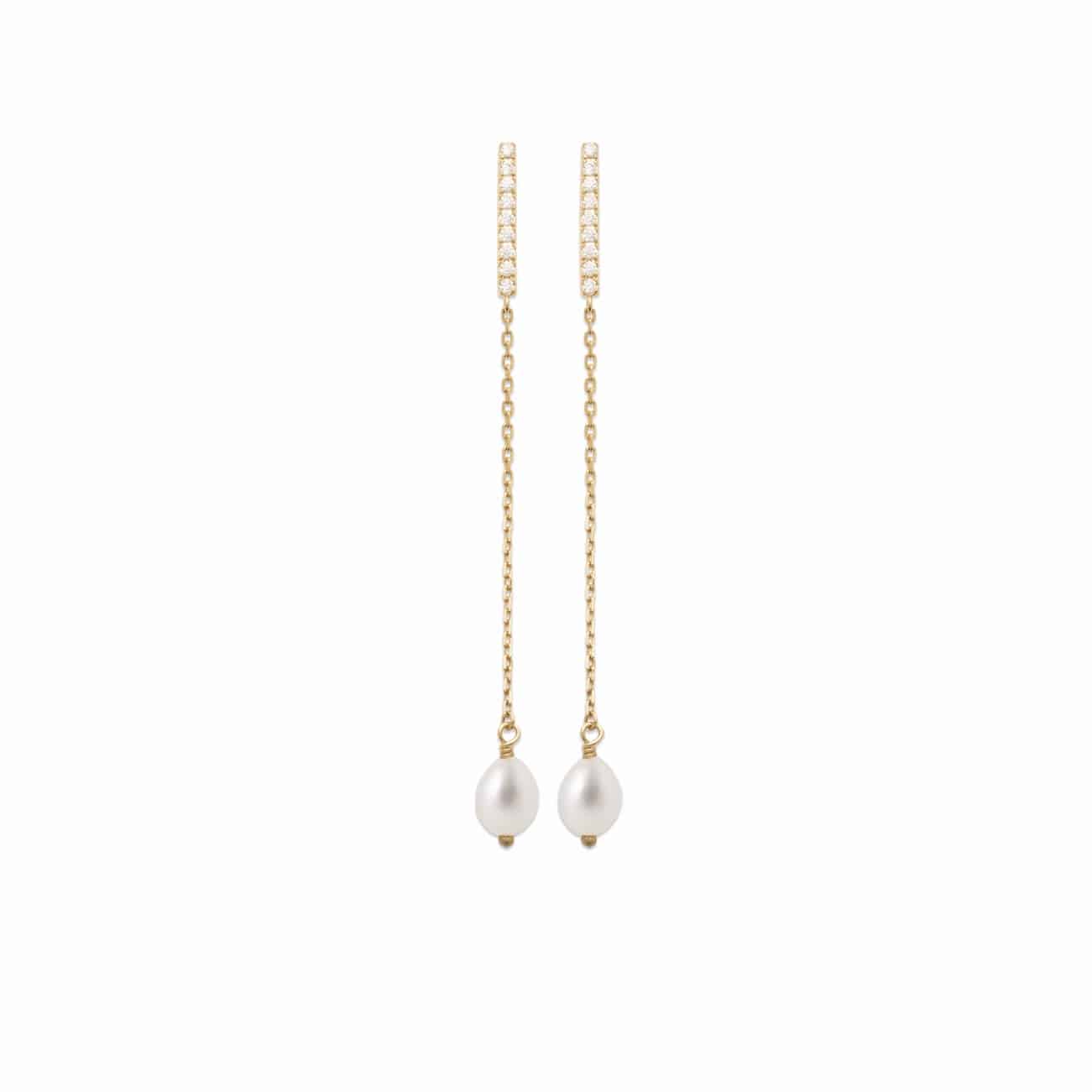 Boucles d'oreilles pendantes dorées HORIA en laiton doré 3 microns avec zircons et nacres - Collection Cérémonie