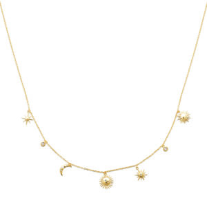 Collier “Célesta” en plaqué or avec pendentifs étoiles, lune et soleil, collection Chloé Rose Genève
