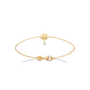 Bracelet fin en plaqué or avec un pendentif nœud de l’infini et un zircon en forme de goutte suspendu, collection Chloé Rose Genève