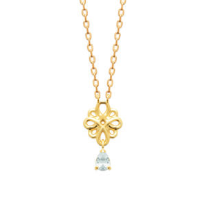 Collier Joanie en laiton doré avec noeud de l’infini et zircon en forme de goutte - Bijou symbolique et élégant de Chloé Rose Genève